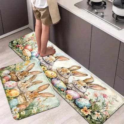 Easter Bunny & Eggs Kitchen Mat Non-Slip Machine Washable Knitted Rugs, Mats for Home, Office, Sink, Laundry Room, Easter Decor