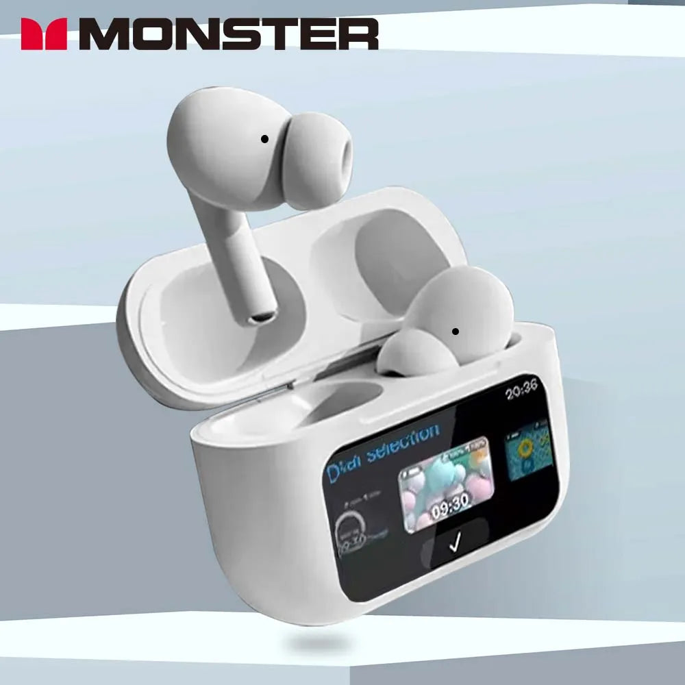 MONSTER Wireless Bluetooth 5.3 Earphones LCD Touch Screen Headphones ANC Noise Reduction Headset Built In HD Mic  Music Earbuds