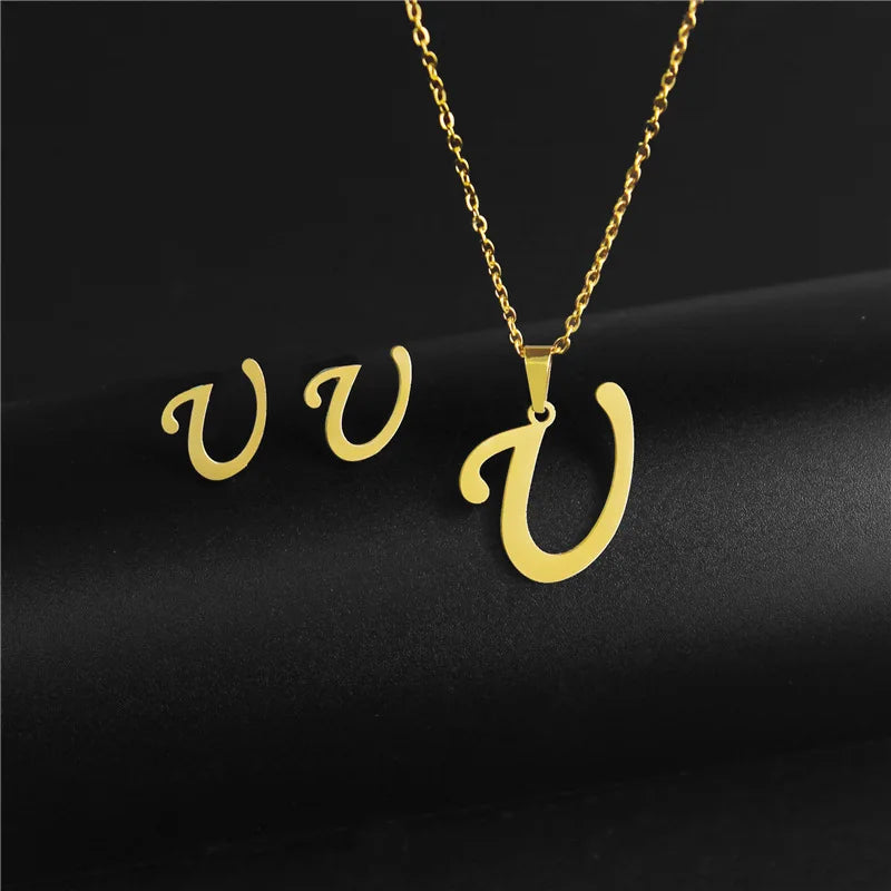 A-Z 26 Stainless Steel Initial Necklace and Earring Jewelry Set Letter Pendant Chain Alphabet Mom Christmas Gift