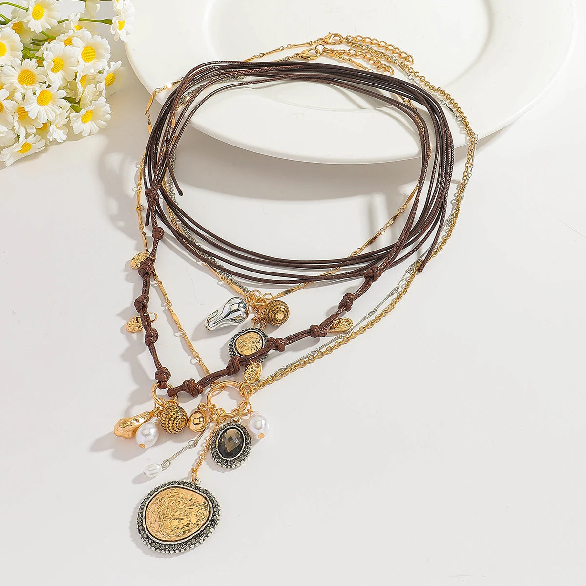 Girlgo 3Pcs/Set ZAA Handmade Rope Chain Metal Round Coin Badge Rope Necklace Fashion Personality High Quality Vintage Jewelry