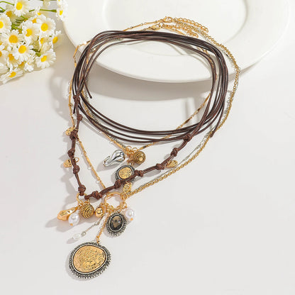 Girlgo 3Pcs/Set ZAA Handmade Rope Chain Metal Round Coin Badge Rope Necklace Fashion Personality High Quality Vintage Jewelry