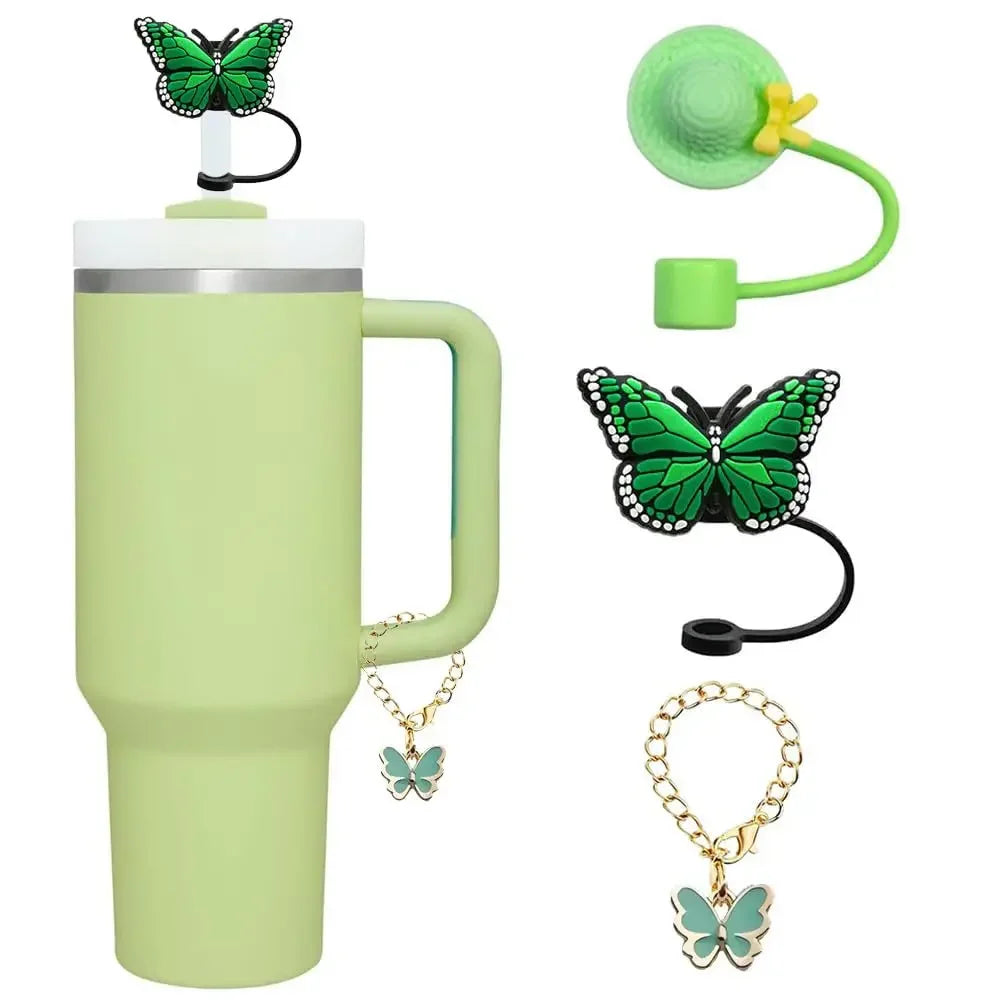 3pcs Accessories Set 1 Spill Proof Stopper Butterfly Straw Cover Boot 1 Straw and Brush and 1 Flower Charm Chain for Stanley Cup