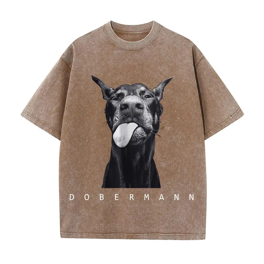 Womans Cotton Washed T-Shirts Fashion Creativity Doberman Printing Short Sleeve O-Neck Loose Distressed Street Female Clothes