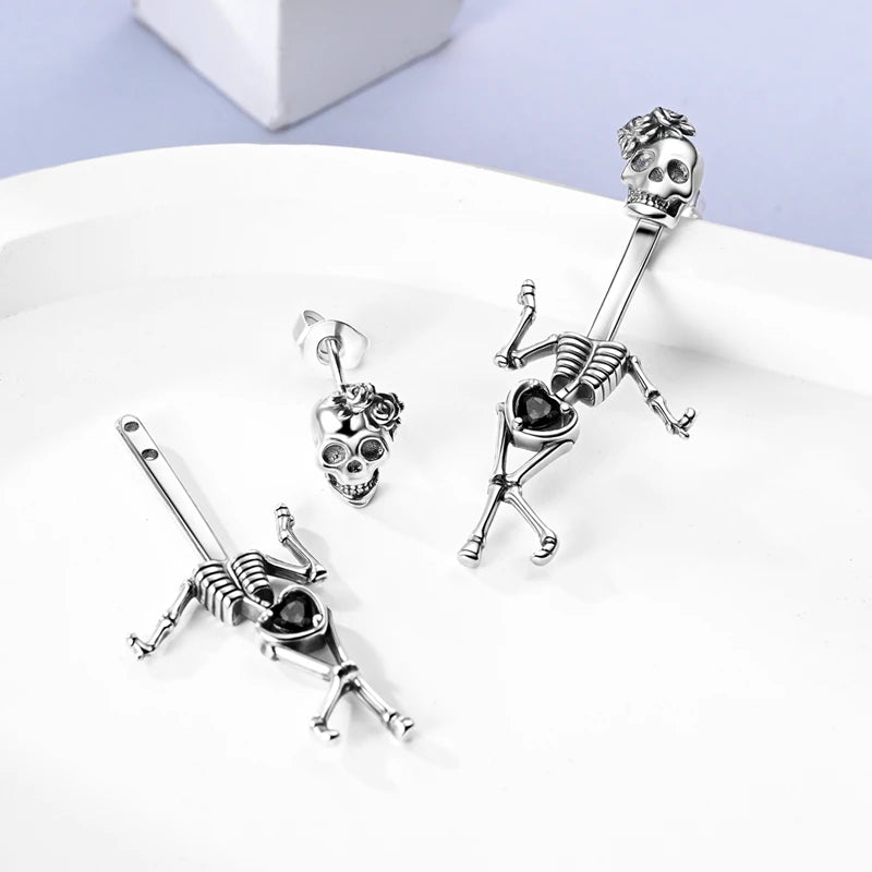 Halloween Earrings Ring Necklace 925 Sterling Silver Sparkling Skull Bow Stud Drop Earring For Women Men Halloween Party Jewelry