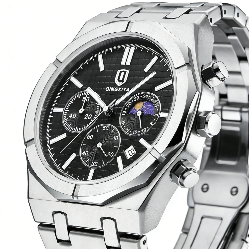 QINGXIYA Brand New Fashion Chronograph Quartz Watch for Men Stainless Steel Waterproof Luminous Date Luxury Men's Watches Reloj