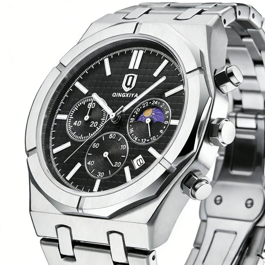 QINGXIYA Brand New Fashion Chronograph Quartz Watch for Men Stainless Steel Waterproof Luminous Date Luxury Men's Watches Reloj