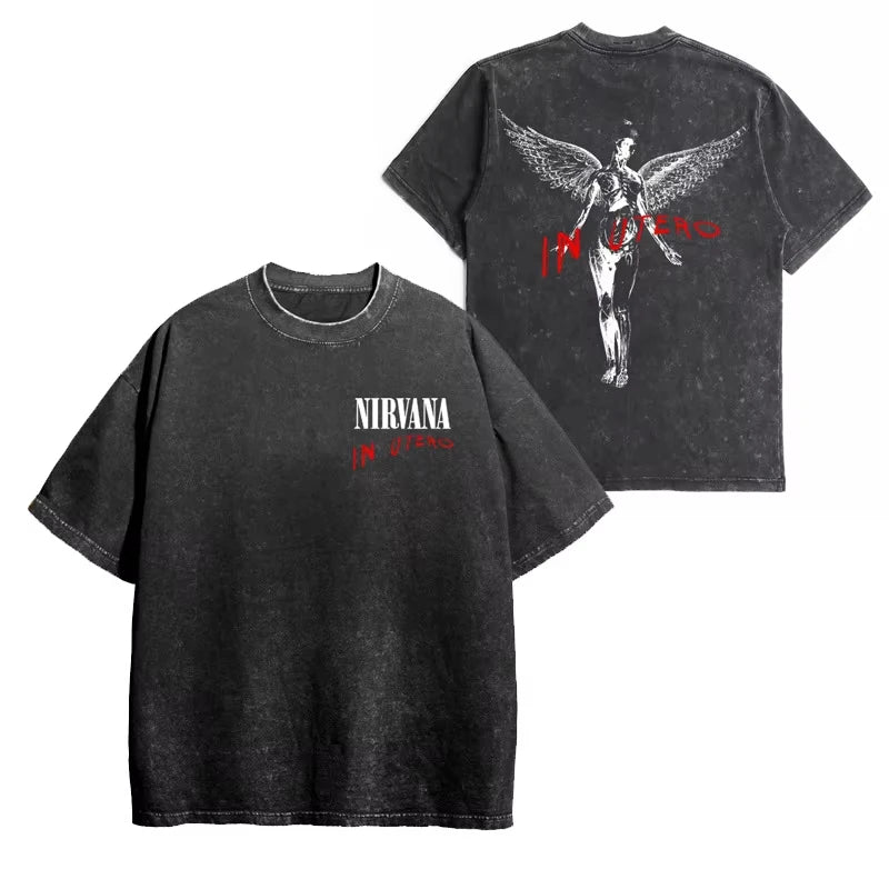 Nirvana rock band men's Retro cotton Washed Tee In Utero album man Women's oversized Y2K distress Tshirt Casual Loose streetwear