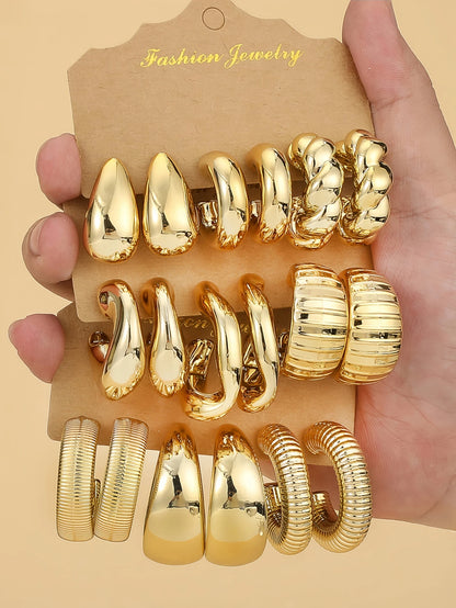 3-9 Pairs Fashionable New Geometric Lightweight Plastic Material With Gold-plated Earring Set