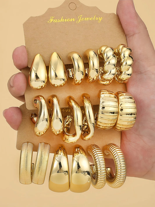 3-9 Pairs Fashionable New Geometric Lightweight Plastic Material With Gold-plated Earring Set
