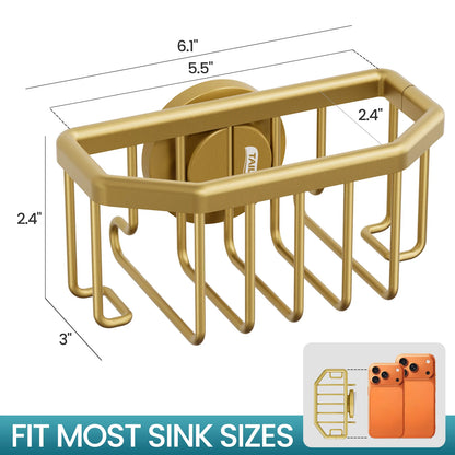 TAILI Gold Sponge Holder for Kitchen Sink with Strong Suction Cup Removable, Rustproof Aluminum Sink Caddy for Sponge, Brush