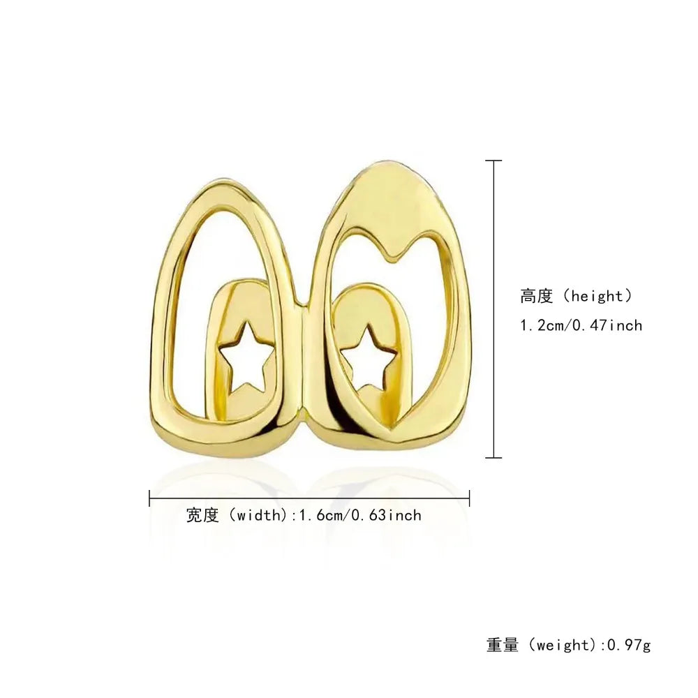 2pcs Set Hip-hop Gold Color Hollowed Hearts Zircon Inlay Stainless Steel Dental Grills for Women Men Teeth Jewelry Accessories