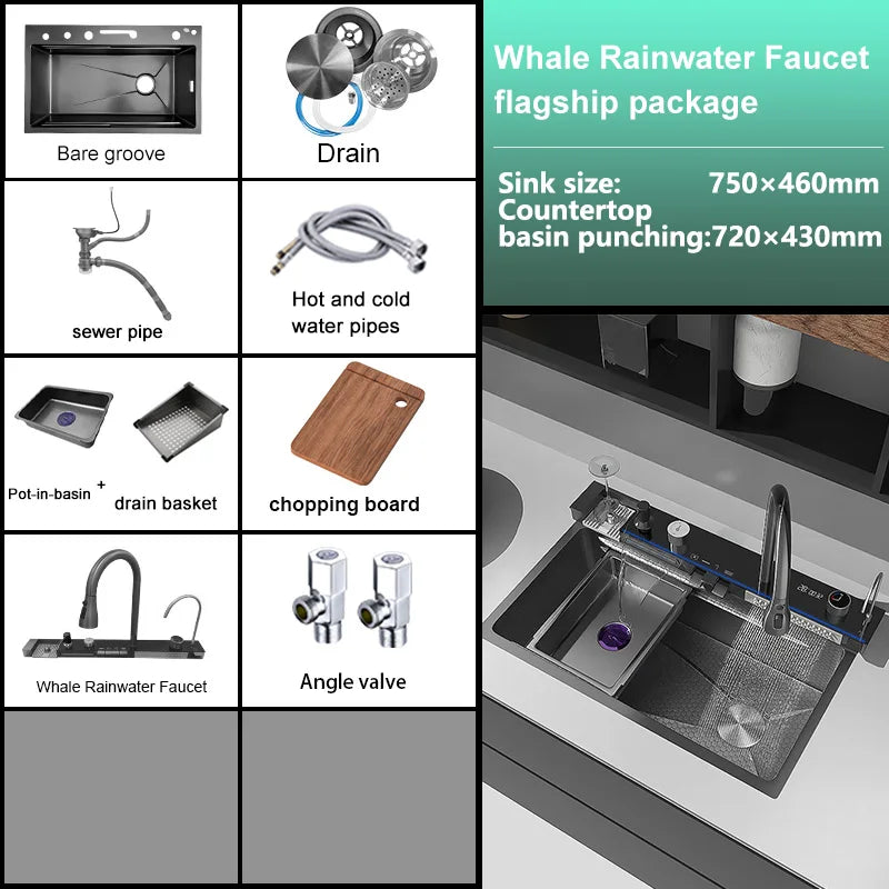 Stainless Steel Kitchen Sink Multifunctional Digital Display Waterfall Large Single Slot With Rack For Knife Wash Dish Basin