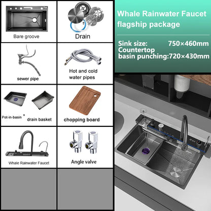 Stainless Steel Kitchen Sink Multifunctional Digital Display Waterfall Large Single Slot With Rack For Knife Wash Dish Basin