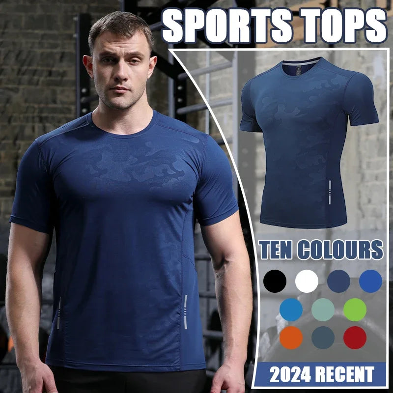 Dry Fit Men Running Shirt Tops Fitness Compression Gym Polyester Sports T-shirt Outdoor Workout Training Muscle Fit Clothing