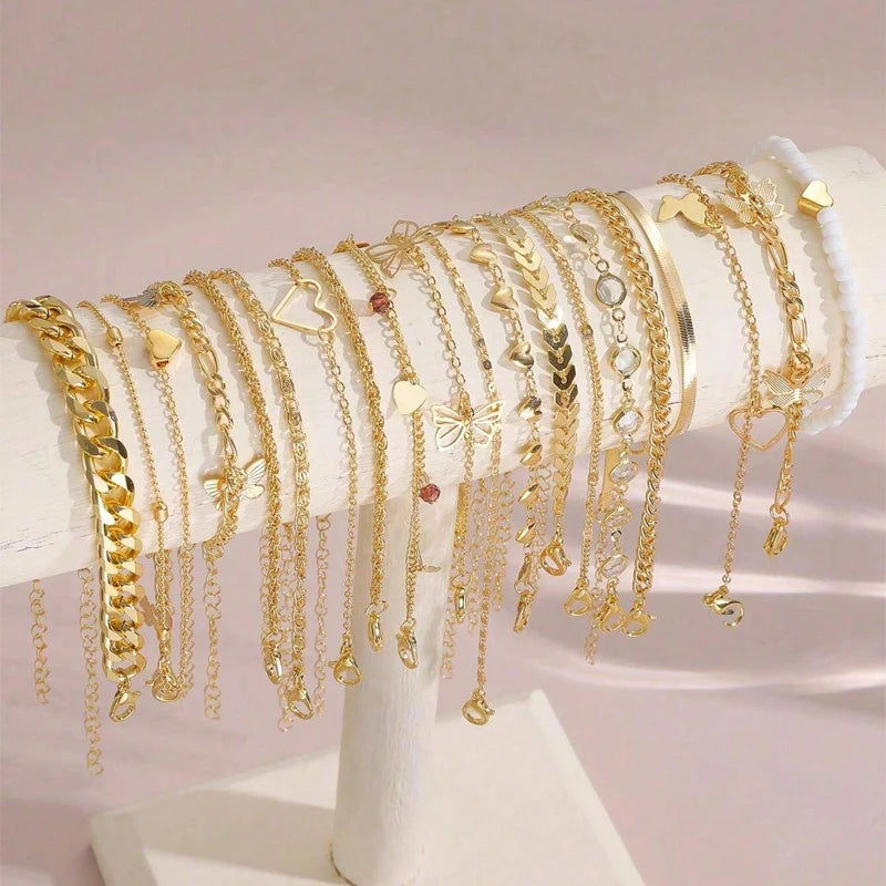 13pcs/Set Bohemian Heart Butterfly Rhinestone Anklet for Women Faux Turquoise Multi-Element Anklets Summer Beach Party Jewelry