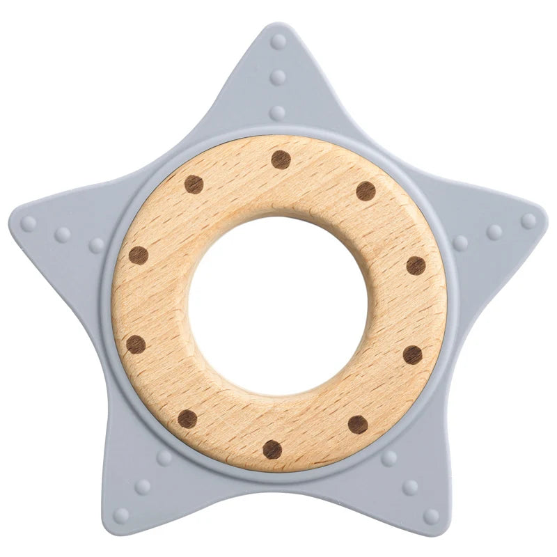 1PC Silicone Teether Baby Star Shape Wooden Ring Kid Baby Toy Gift BPA Free Silicone Children Chewing Teething Goods