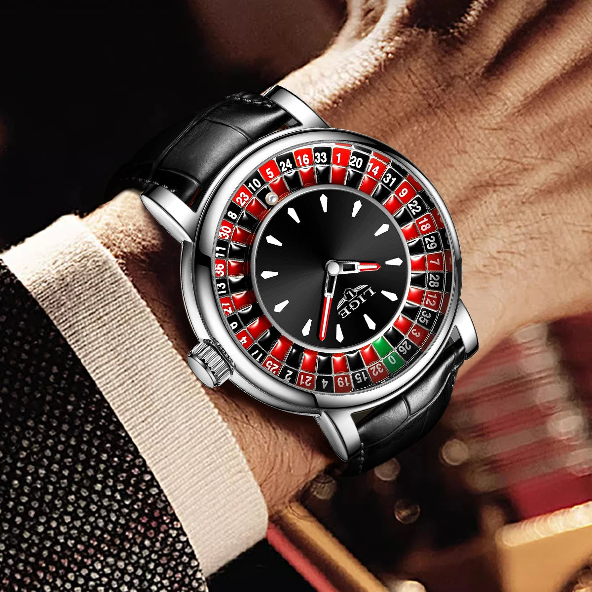 LIGE Quartz Man Watch Fashion Luxury Creative Roulette Game Dial Design Leather Casual Life Waterproof Watches for Men Gifts+Box