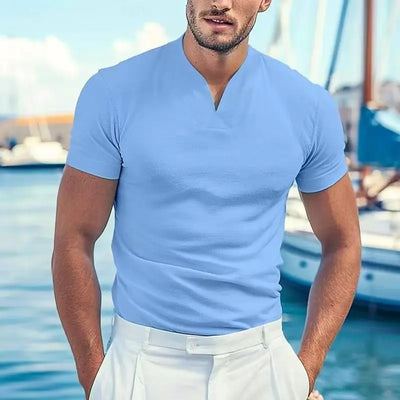 2025 Summer New Men Fashion Trend Solid Color V-neck Short Sleeve Top Outdoor Leisure Fitness Sports Slow Running T-shirt