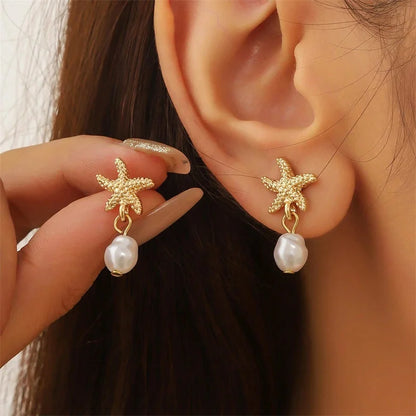 Summer Starfish Imitation Pearl Drop Earrings for Women Fashion Metal Shell Earring Summer Day Beach Vacation Style Jewelry Gift