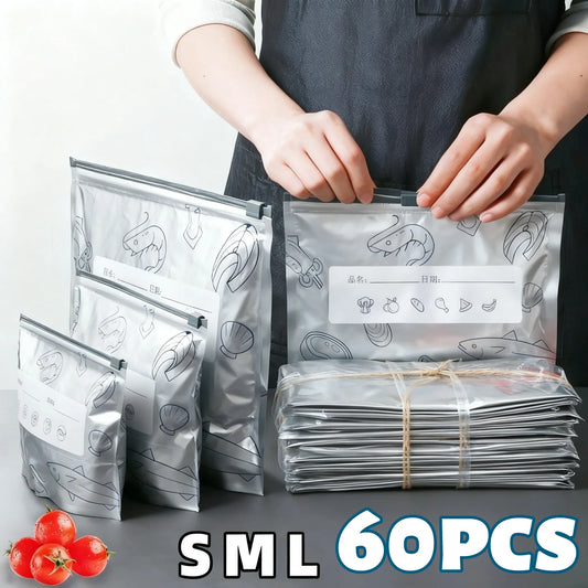 60pcs Aluminum Foil Storage Bags Freezer Sealed Organizers Food Packaging Reusable Pantry Odor-Proof Bag Kitchen Essential