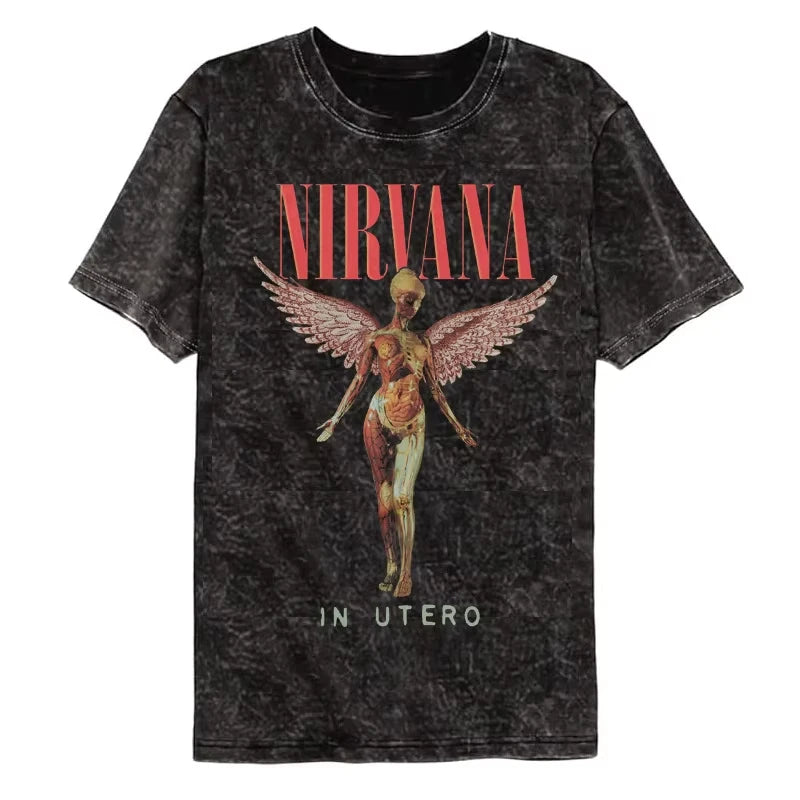 Nirvana rock band men's Retro cotton Washed Tee In Utero album man Women's oversized Y2K distress Tshirt Casual Loose streetwear