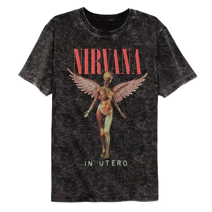 Nirvana rock band men's Retro cotton Washed Tee In Utero album man Women's oversized Y2K distress Tshirt Casual Loose streetwear