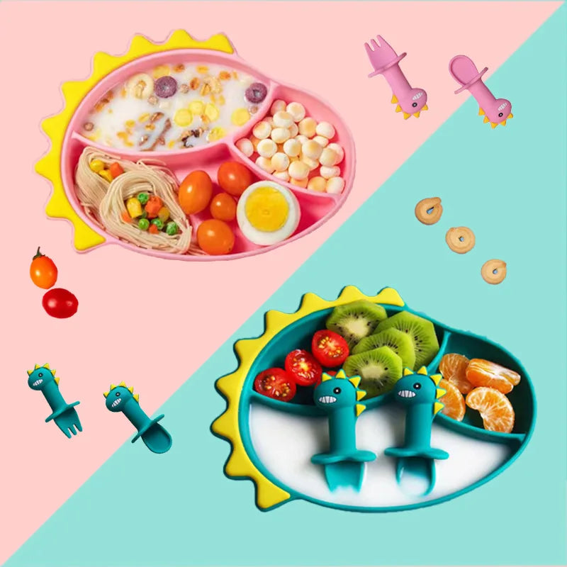 Sucker Silicone Dining Plate Baby Silicone Divided Supplementary Food Bowl Integrated Kid Products Anti Drop Baby Tableware Gift