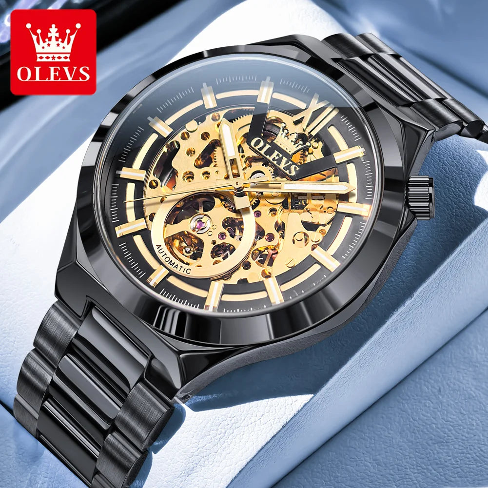 OLVES 6722 Mens Watch Original Luxury Skeleton Automatic Mechanical Watch Waterproof Luminous Stainless Steel Watches For Man