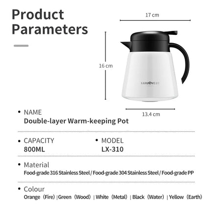 KAMJOVE Insulated Kettle Household Warm Keeping Pot White Tea Teapot 316 Stainless Steel Teapot Hot Water Bottle Soft Pot 800ml