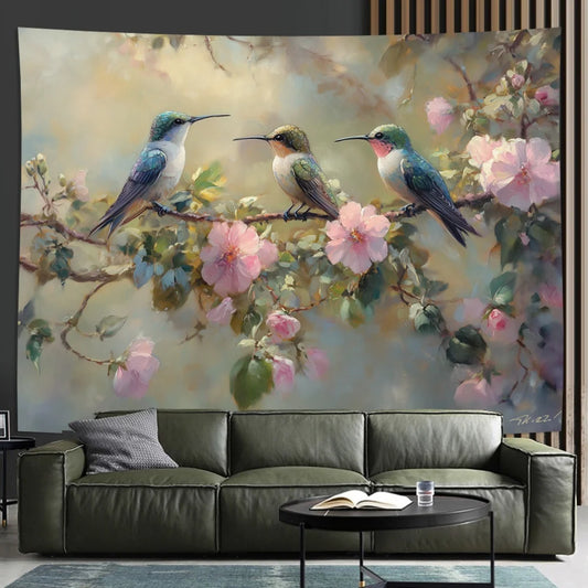 1pc vibrant hummingbird on soft floral branch wall tapestry bedroom office, elegant home decoration creative gift