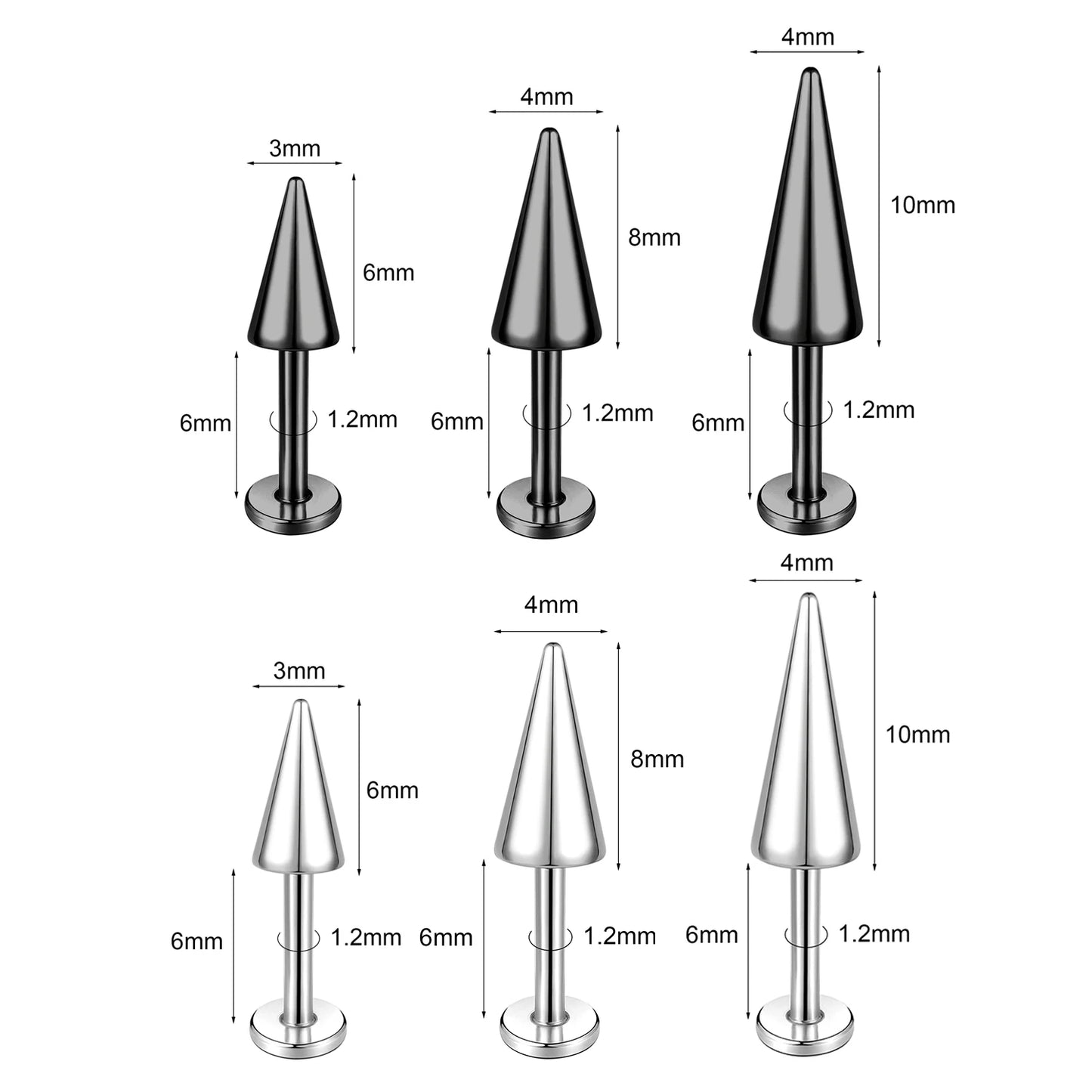 ZS 3pcs/lot 16g Cone Spike Labret Stud Surgical Steel Cartilage Earrings Black Color Barbell Piercing Tragus Helix Rook Jewerly