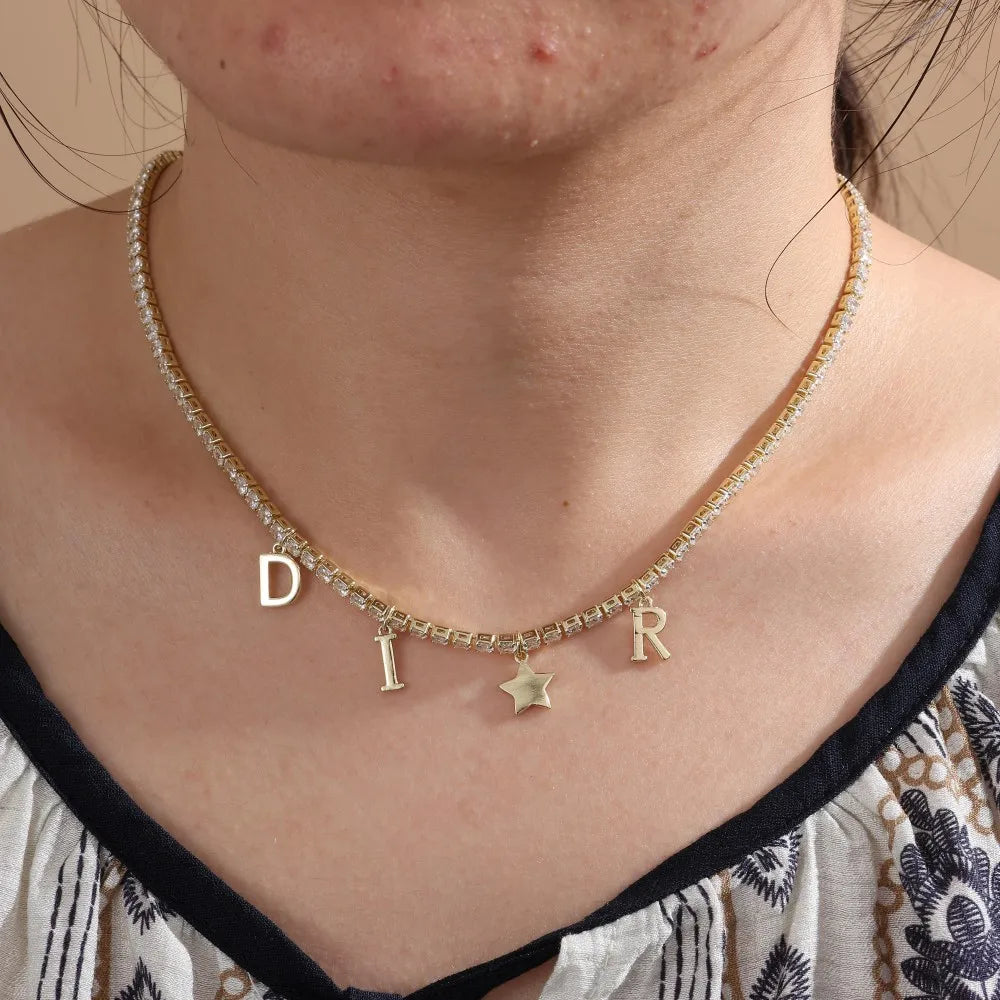 Women's Fashion Letter Star Pendant Necklace with Full Zircon Inlay Simple Chain Luxury Jewelry Accessory Gift