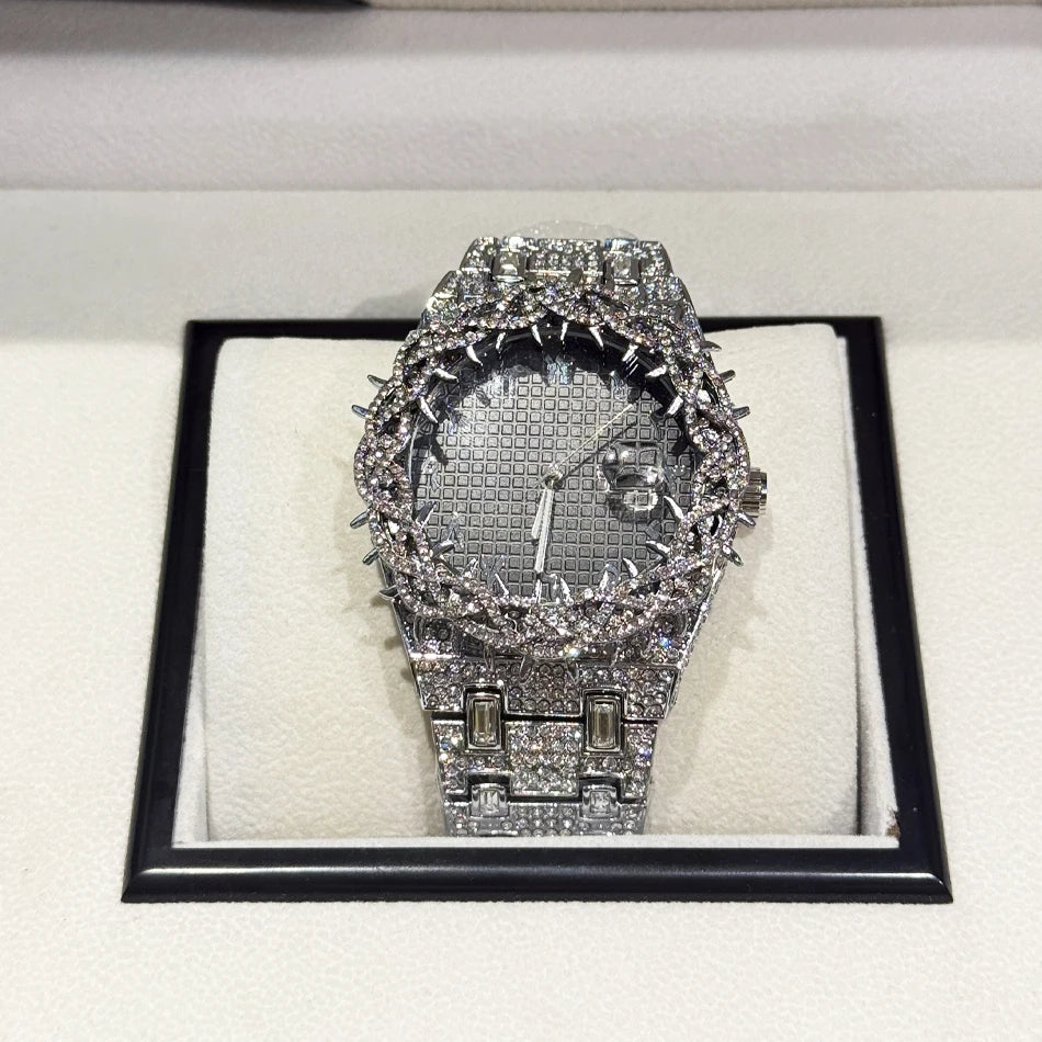 PINTIME Cool Black Watch For Men Luxury Thorn Crown Quartz Watches Fashion Hip Hop Iced Diamond Wristwatch Man Dropshipping