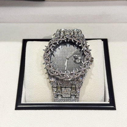PINTIME Cool Black Watch For Men Luxury Thorn Crown Quartz Watches Fashion Hip Hop Iced Diamond Wristwatch Man Dropshipping