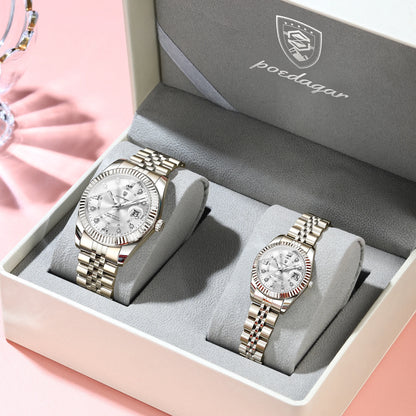 POEDAGAR Top Luxury Couple's Watches Luminous Date Classic Watches For Couple Quartz Stainless Steel Couple Watch Lovers Set+Box