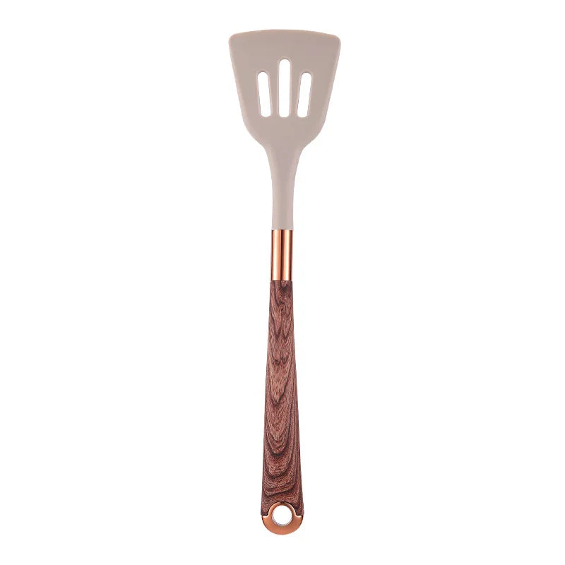 LMETJMA Silicone Kitchen Utensil Set 10 Pcs Cooking Utensil with Utensils Holder Wooden Pattern Handles Nonstick Cookware JT264