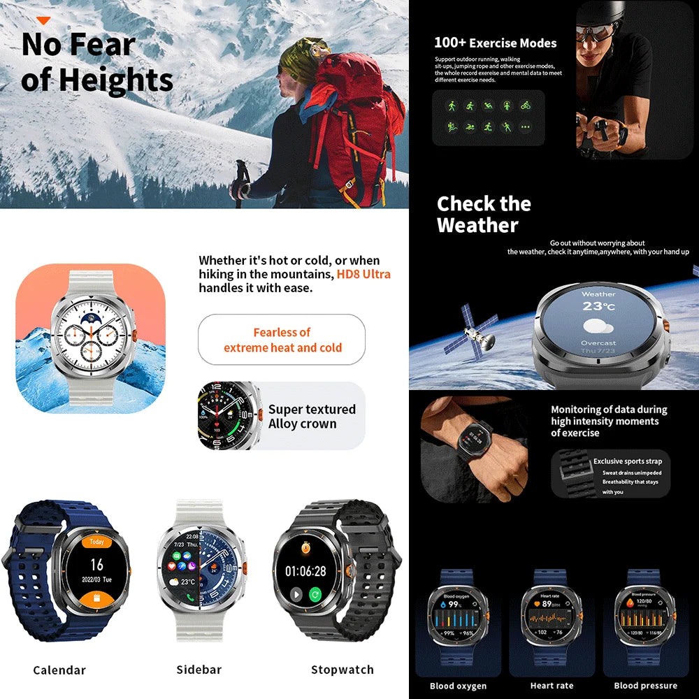 Smart Watch 8 Ultra New Color Matching GPS Compass Smartwatch Bluetooth call NFC IP68 Waterproof Health monitoring Reduction100%