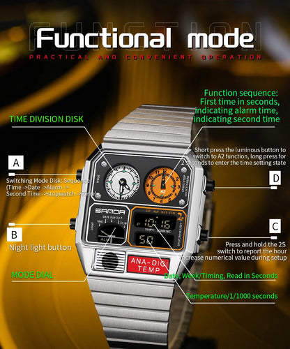 SANDA New 3192 Men's Square Men's Electronic Watch Waterproof LED Thermometer Stopwatch For Men's Electronic Watch