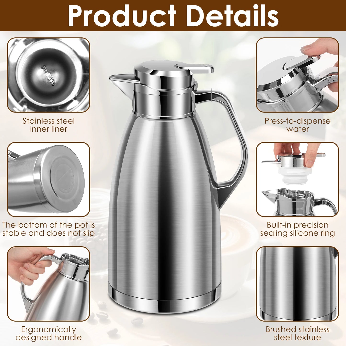 2.3L Double Wall Insulated Jug Stainless Steel Vacuum Flasks Office Hot Coffee Thermos Insulation Kettle Hot Water Thermos Pot