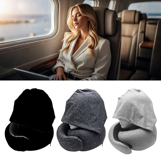 Portable Detachable Cover Travel Neck Pillow U-Shaped Hooded Feature Travel Bag Pillow Memory Foam Headrest Airplane Travel