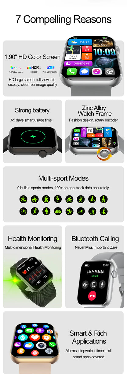 2025 New Smartwatch Men Android IOS Phone 1.9"HD Screen Bluetooth Call Heart Rate Monitoring Sports Waterproof Smart Watch Women