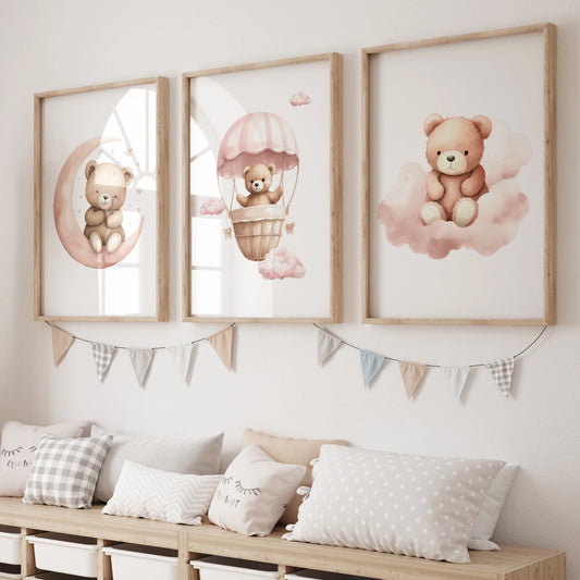 Pink Bear Series 3pcs Wall Art Prints Canvas Painting Poster Picture For Living Bedroom Kids Play Room Home Decor