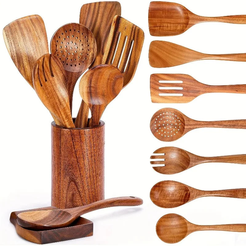 9pcs Premium Wooden Cooking Utensils Set Heat Resistant Non stick Pan Kitchen Cooking Tools Shovel Spoon Salad Spoon Fork