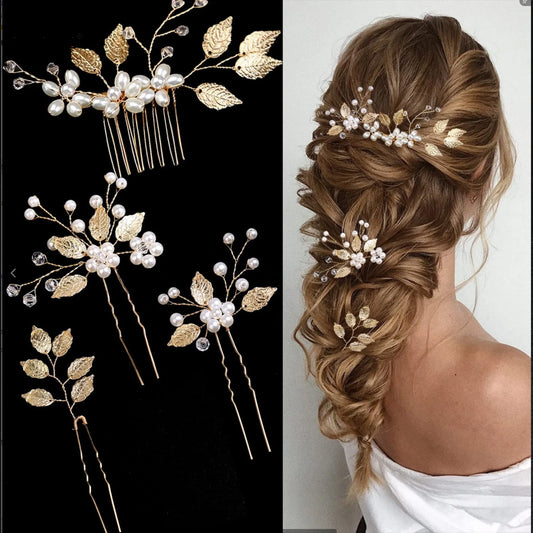 Pearl Flower Hairpin Bride Hair Comb Sets Wedding Hair Accessories Golden Leaf Alloy Tiaras Princess Hair Clip Fashion Jewelry