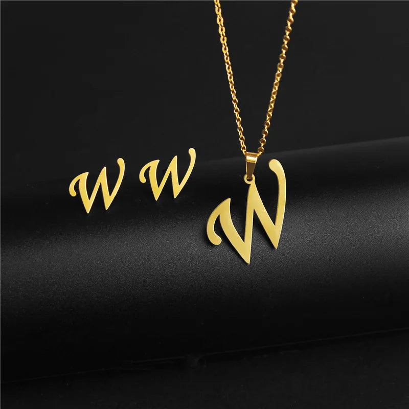A-Z 26 Stainless Steel Initial Necklace and Earring Jewelry Set Letter Pendant Chain Alphabet Mom Christmas Gift