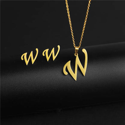 A-Z 26 Stainless Steel Initial Necklace and Earring Jewelry Set Letter Pendant Chain Alphabet Mom Christmas Gift