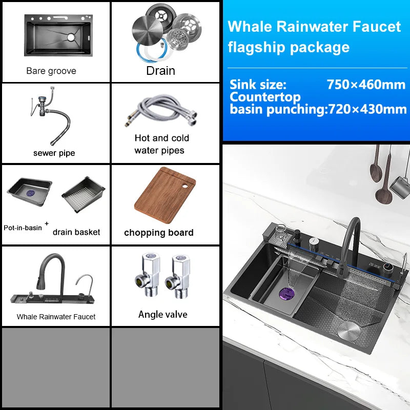 Stainless Steel Waterfall Kitchen Sink New Embossed Extra Large Single Slot Modern Digital Display Multifunctional Kitchen Sinks