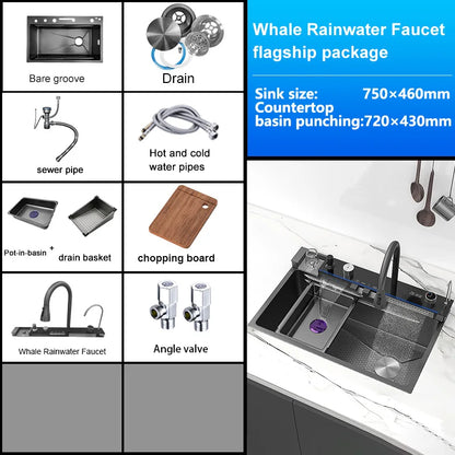 Stainless Steel Waterfall Kitchen Sink New Embossed Extra Large Single Slot Modern Digital Display Multifunctional Kitchen Sinks