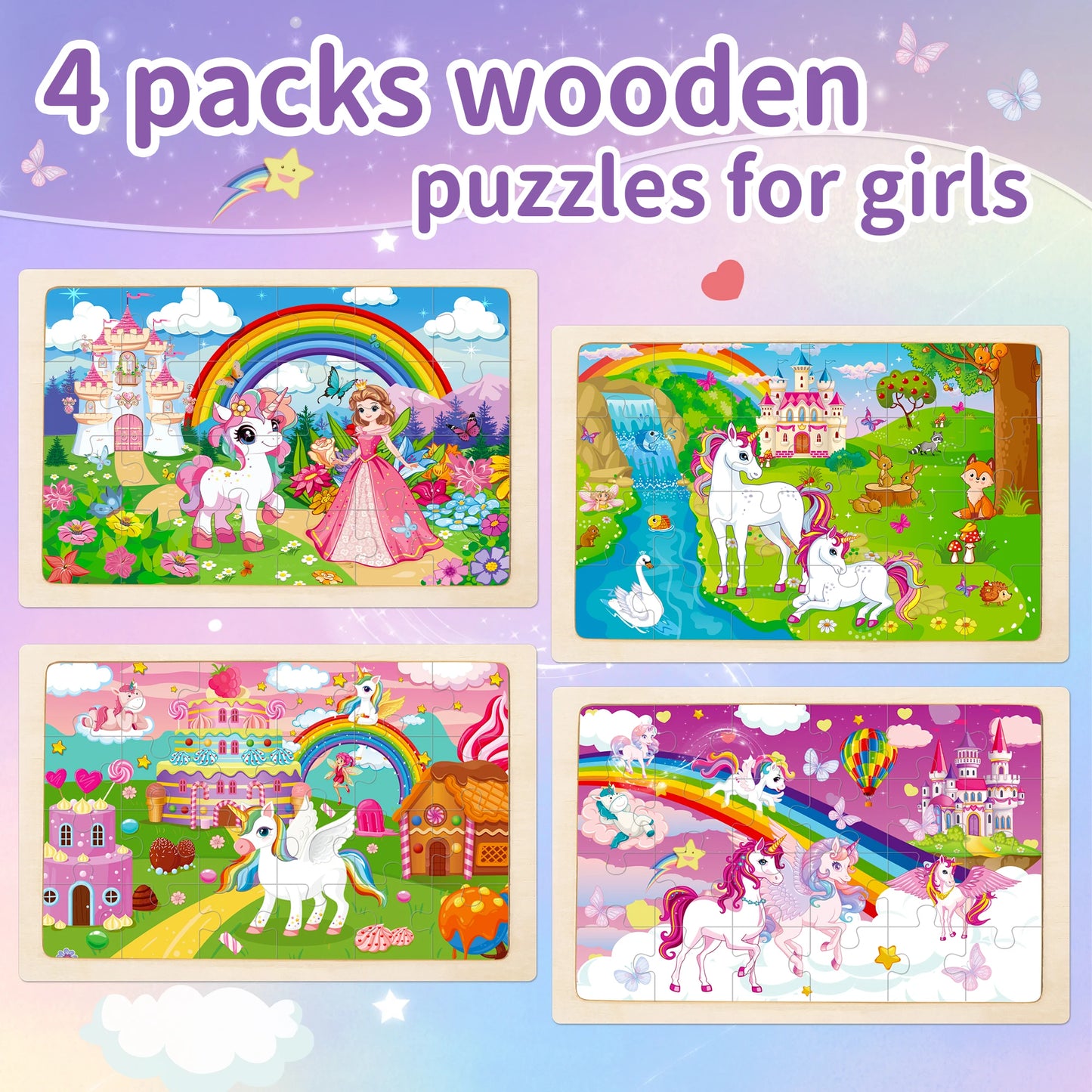 4 Packs Unicorn Princess Educational Preschool Toddler Wooden Jigsaw Puzzles Gifts for 3 4 5 6 Years Old Girls Boys