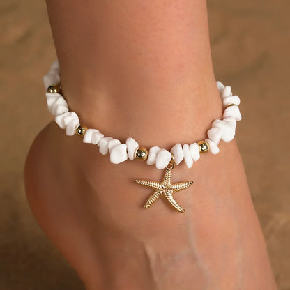 White Turquoise Beaded Chain Starfish Pendant Ankle Summer Bracelet Charm Sandals Barefoot Beach Foot Bridal Jewelry